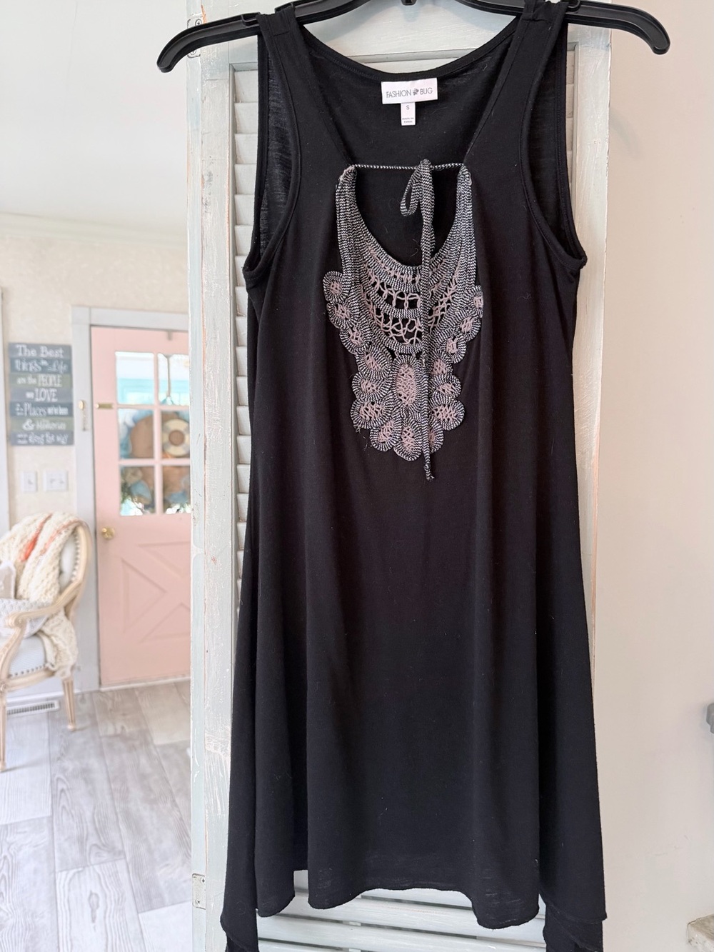 Fashion Bug Black Sleeveless Mini Dress with Crochet Bib